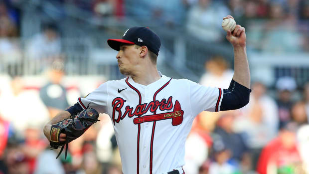 Oct 9, 2023; Cumberland, Georgia, USA; Atlanta Braves starting pitcher Max Fried (54) pitches during the first inning against the Philadelphia Phillies in game two of the NLDS for the 2023 MLB playoffs at Truist Park.